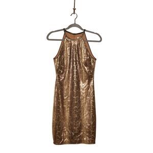 CACHE $158 Gold/Brown Sequin‎ Snake Print Halter Neck Sheath Dress Size 2